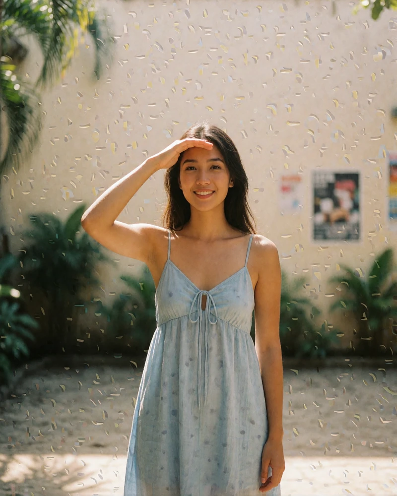 Filipina woman in a soft blue sundress standing in a sunlit open courtyard, an example of a photo-verified Filipino dating profile