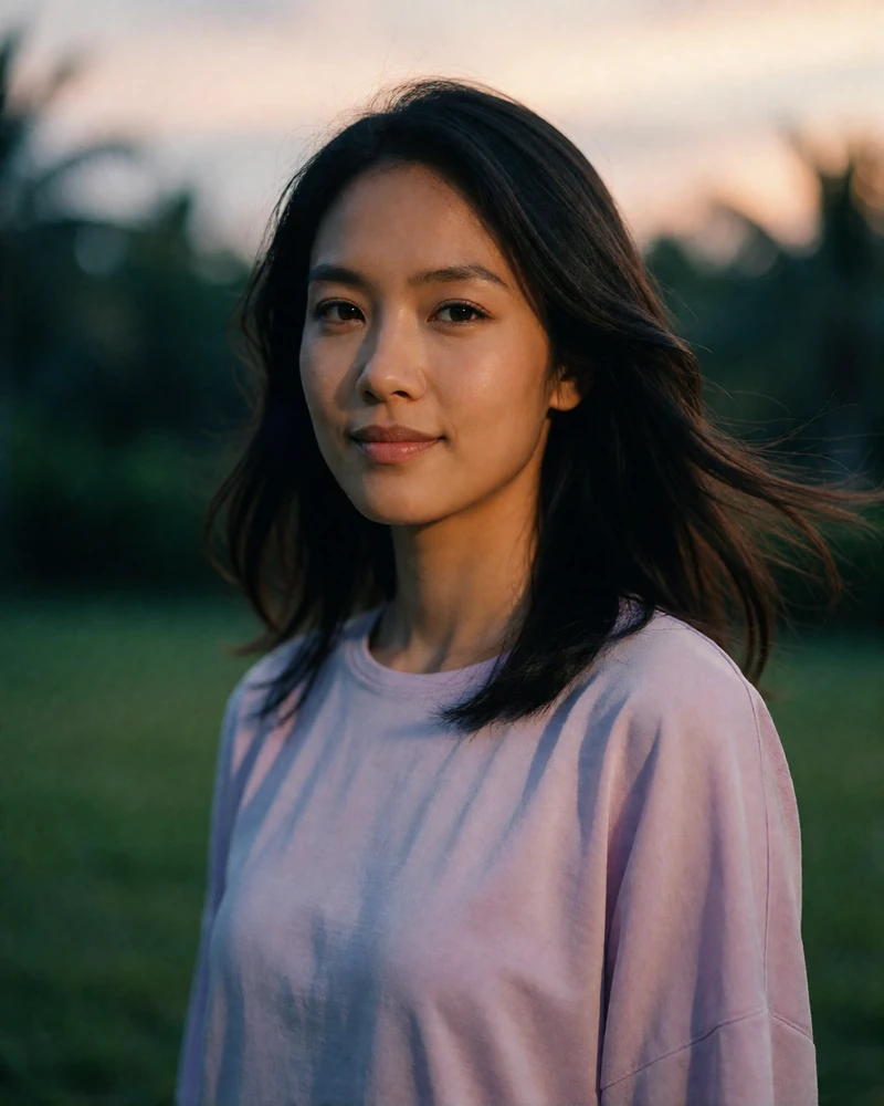 Malaysian woman in a pale lilac top in a tropical garden at dusk, a photo-verified Malaysian dating profile example