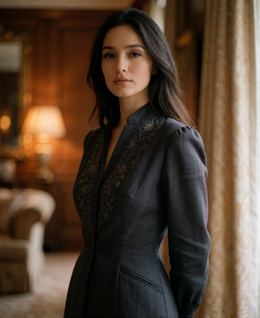 Elegant Turkmen woman in a tailored charcoal blouse standing in a warmly lit interior, an example of a verified Turkmen dating profile portrait