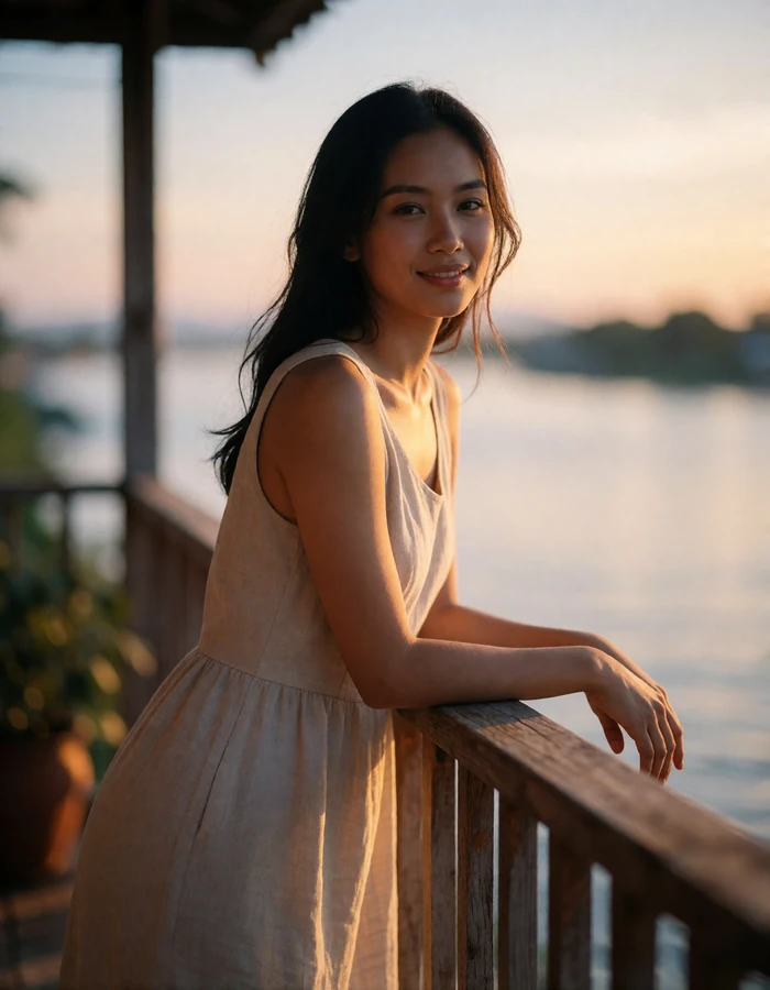 Laotian woman in a beige linen dress leaning on a wooden terrace rail at golden hour
