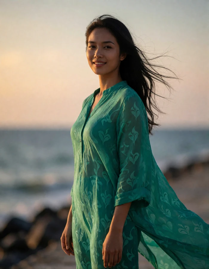 Bruneian woman in a flowing emerald tunic standing on a breezy seaside walkway at late afternoon, an example of a verified dating profile