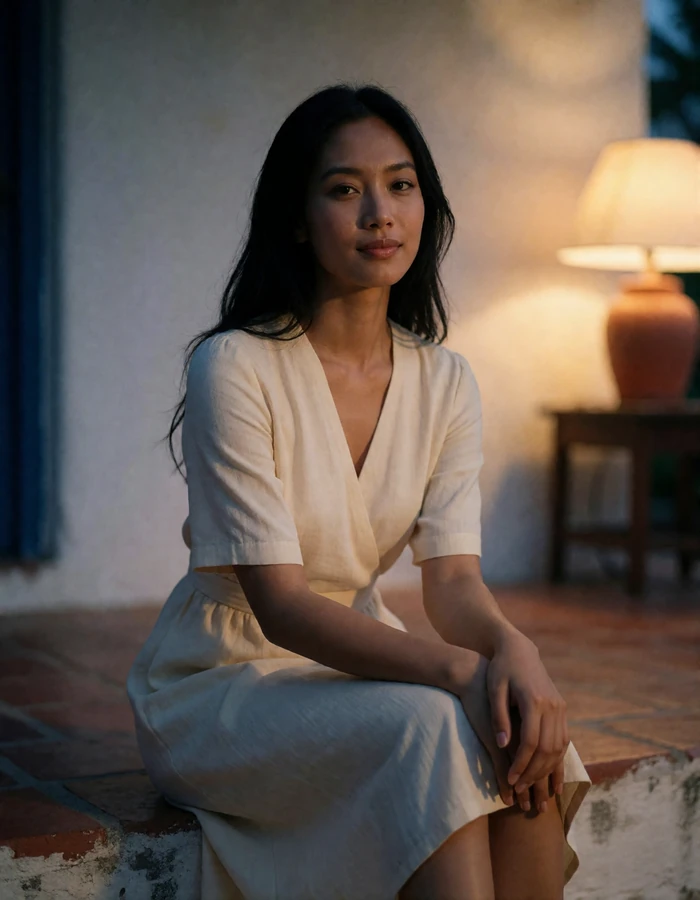 Southeast Asian woman in a cream dress seated on a veranda step at early evening, warm dating profile portrait