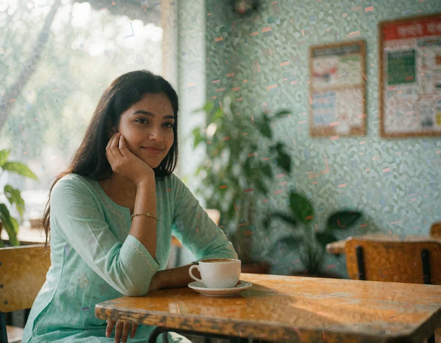 Bangladeshi woman in a mint kurta seated at a bright café table, illustrating everyday Bangladeshi dating profile photography