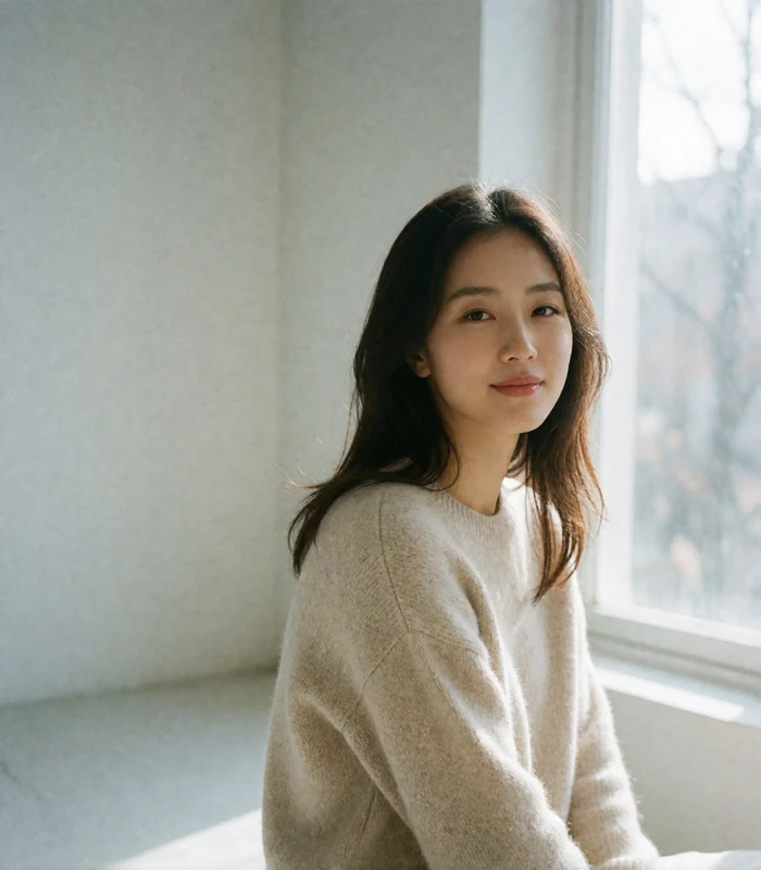 Korean woman in an oatmeal sweater sitting beside a bright window with a gentle smile, an example of a verified diaspora dating profile