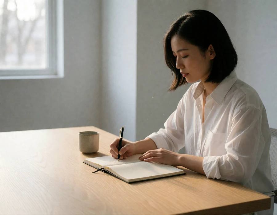 Asian woman in a crisp white shirt writing in a notebook at a wide light-wood desk in a bright modern workspace
