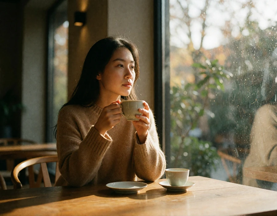 Asian woman in a camel knit sweater sitting by a window in a refined teahouse, holding a porcelain cup
