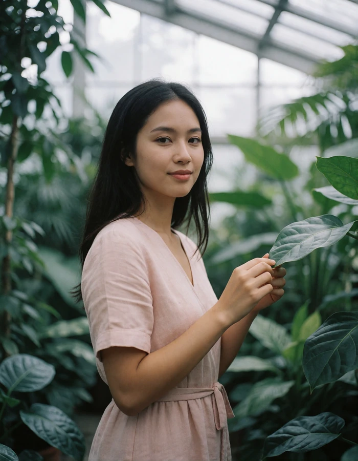 Singaporean woman in a blush linen dress inside a bright plant-filled conservatory, natural Singaporean dating profile photography