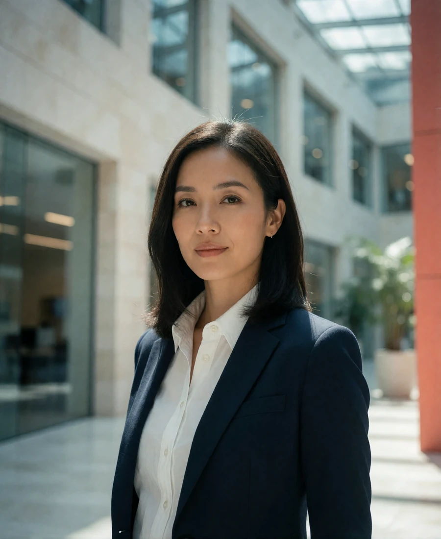 Confident Singaporean woman in a navy blazer standing in a bright modern office atrium, an example of a professional Singaporean dating profile