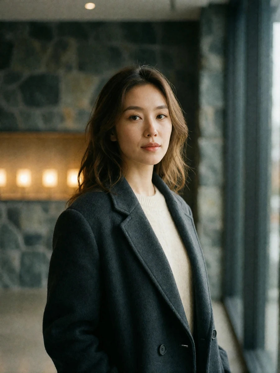 Poised Mongolian woman in a charcoal wool coat in a softly lit modern gallery interior, a Mongolian dating profile portrait