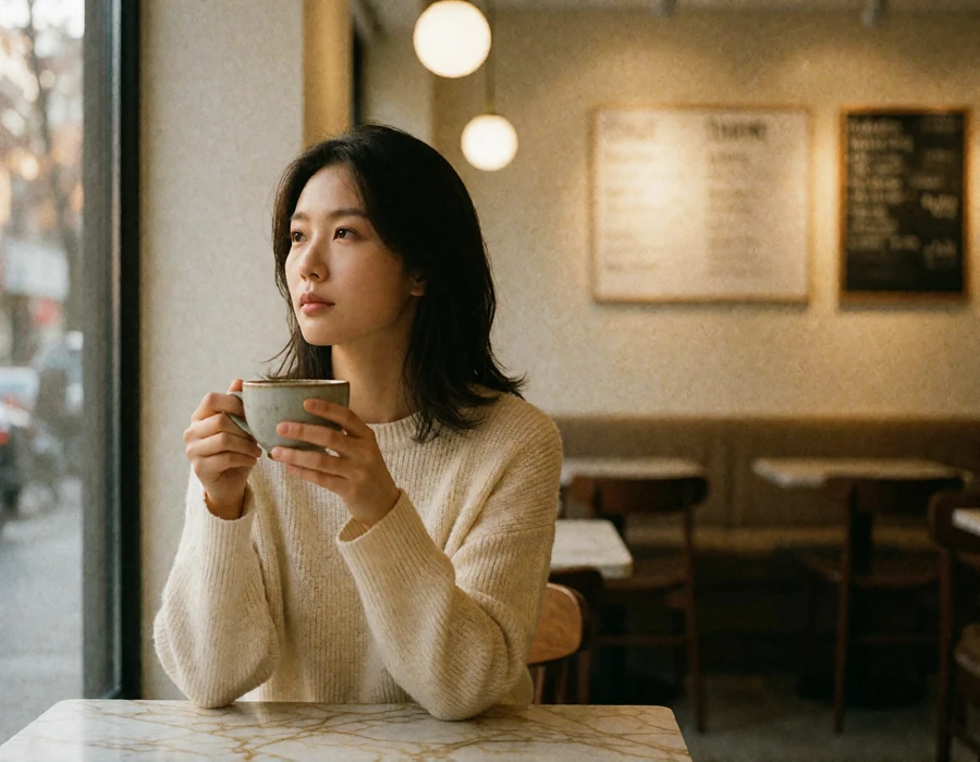 Korean woman in a cream knit sweater holding a ceramic cup in a quiet upscale Seoul cafe, illustrating everyday Korean dating profile photography