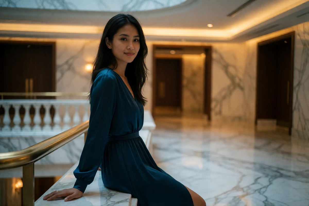 Southeast Asian woman in a deep teal dress standing in a luxury hotel atrium beside a marble balustrade, illustrating an Asian dating platform profile