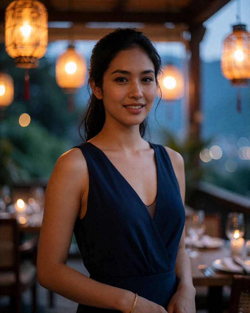 Nepali woman in a navy evening top on a warmly lit restaurant terrace at dusk, evening Nepali dating profile photography