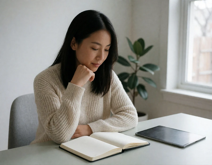 Asian woman at a home desk reviewing a notebook and blank tablet while planning a shared calendar for a long-distance relationship