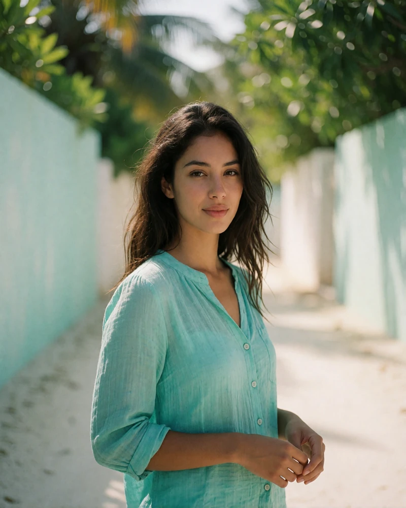 Maldivian woman in a light teal blouse smiling on a sunlit island street, example of a verified dating profile photo
