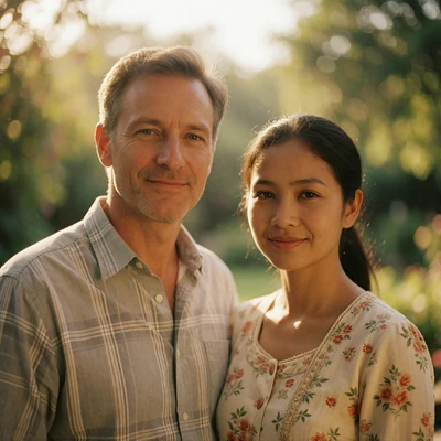 Western man and Burmese partner in a softly lit outdoor setting, illustrating a genuine international relationship