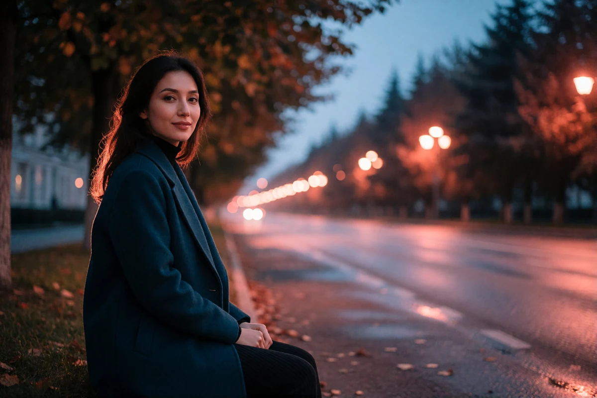 Tajik woman in a teal coat walking along a tree-lined city avenue at dusk, evening lifestyle photography for Tajik dating