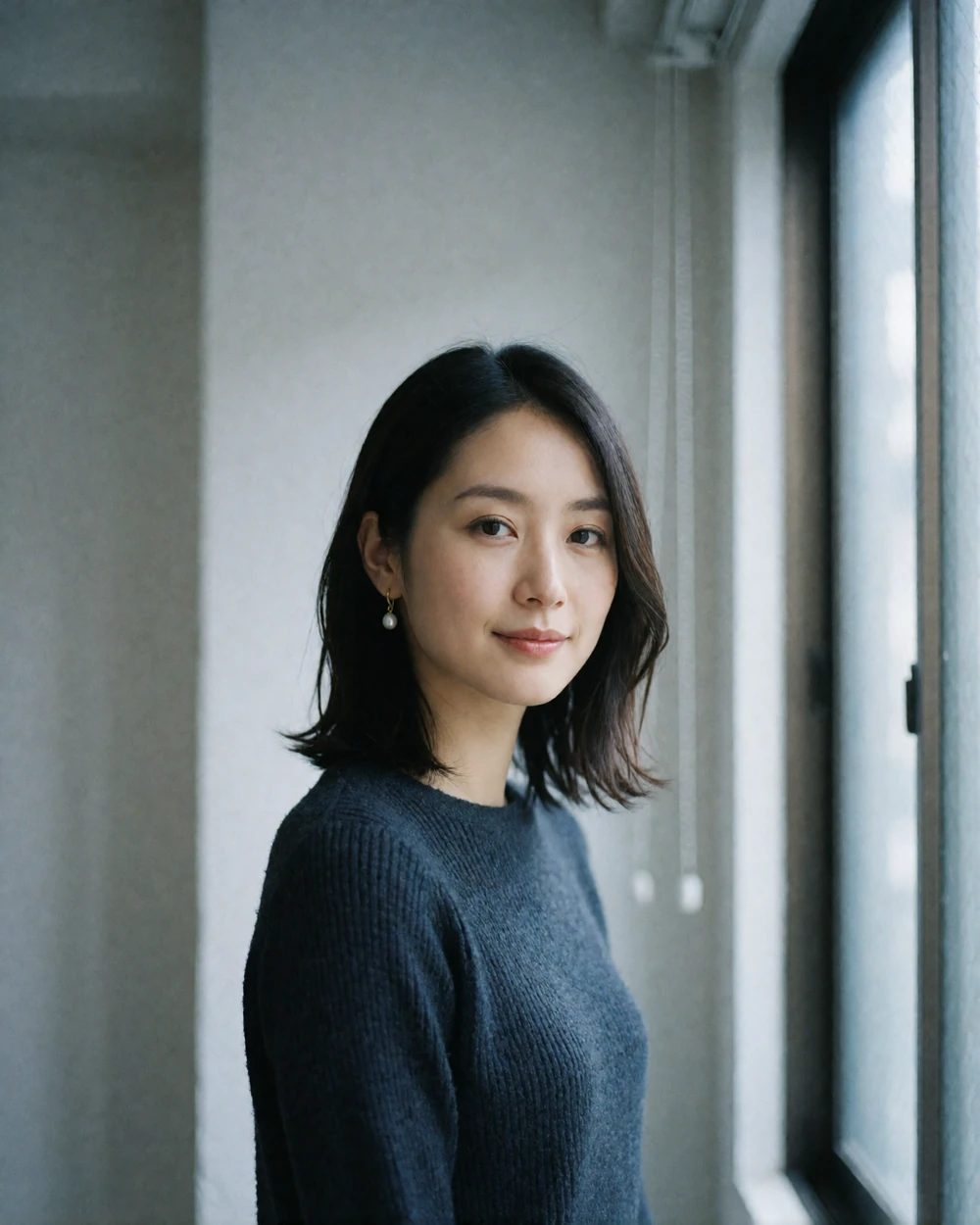 Poised Japanese woman in a charcoal knit top beside a window in a minimalist Tokyo apartment, an example of a verified Japanese dating profile portrait