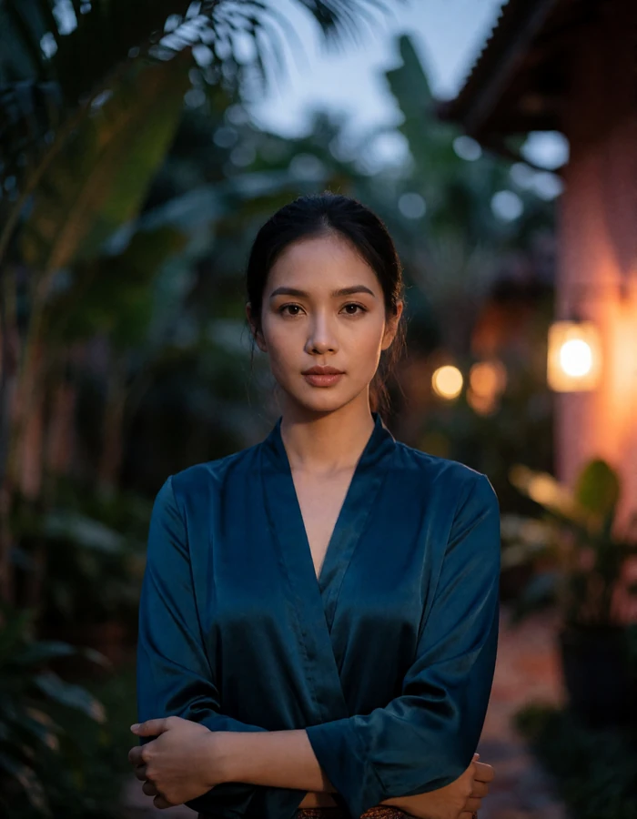 Laotian woman in a teal silk blouse standing in a tropical courtyard garden at dusk