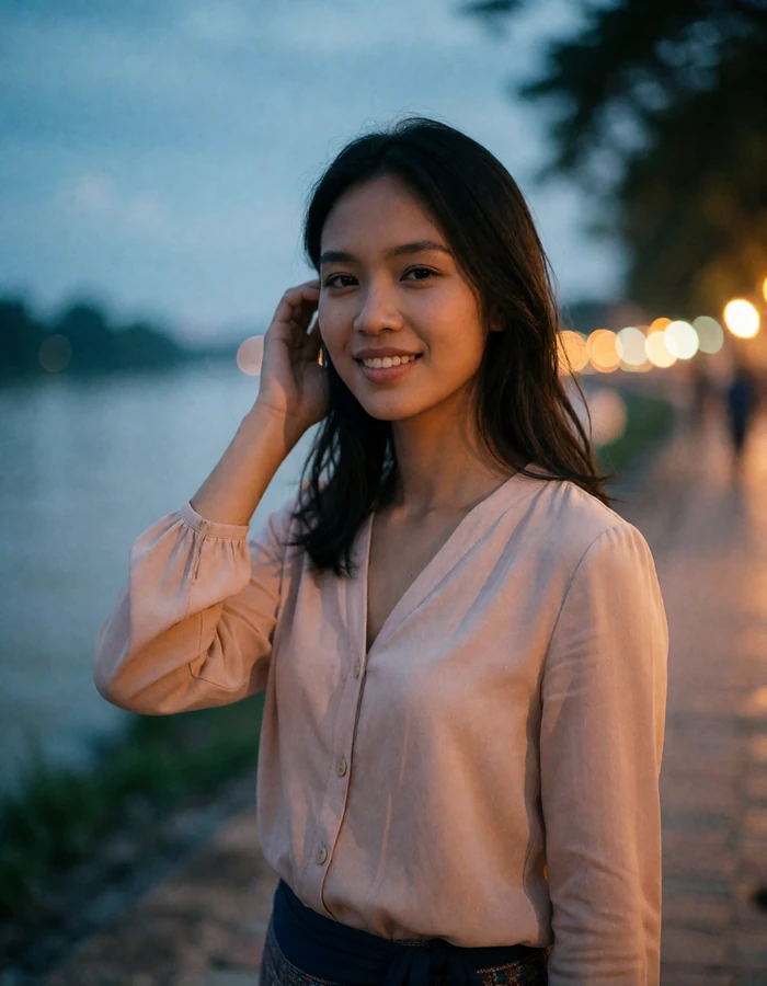 Laotian woman in a blush blouse tucking her hair behind her ear near a riverfront promenade at dusk