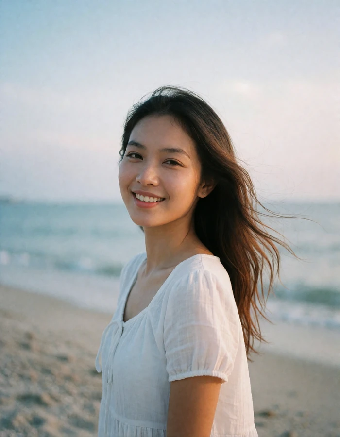 Southeast Asian woman in a white cotton top smiling on a quiet morning beach, an example of a verified Timorese dating profile