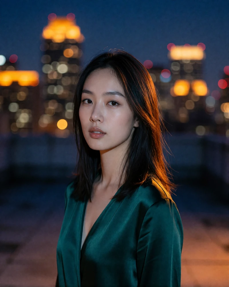 Chinese woman in an emerald satin top on a rooftop terrace with a glowing city skyline behind her at night