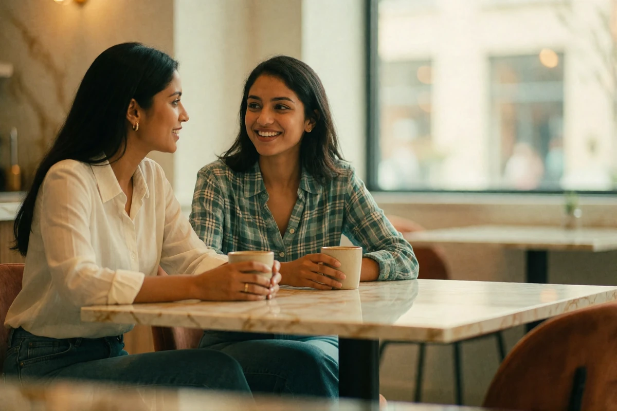Two South Asian women in conversation at a bright café table, illustrating international dating platform lifestyle photography