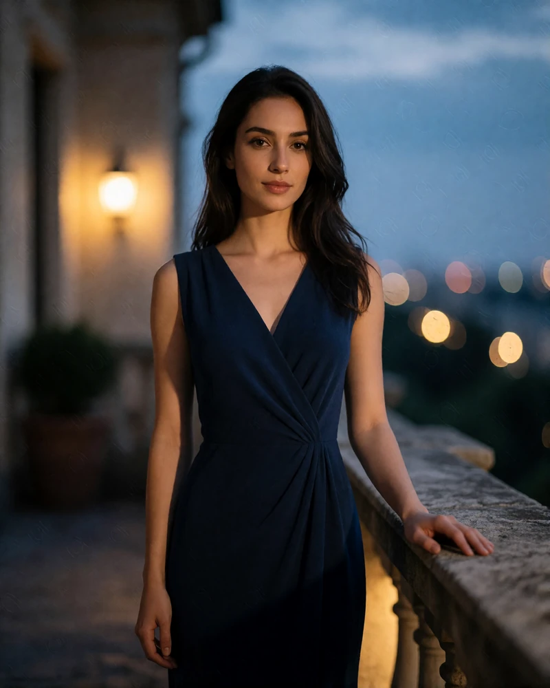 Armenian woman in a midnight-blue evening dress on a softly lit terrace at dusk, evening portrait for a verified Armenian dating profile