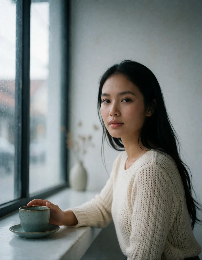 Laotian woman in a cream knit top seated by a café window, resting one hand on a ceramic cup