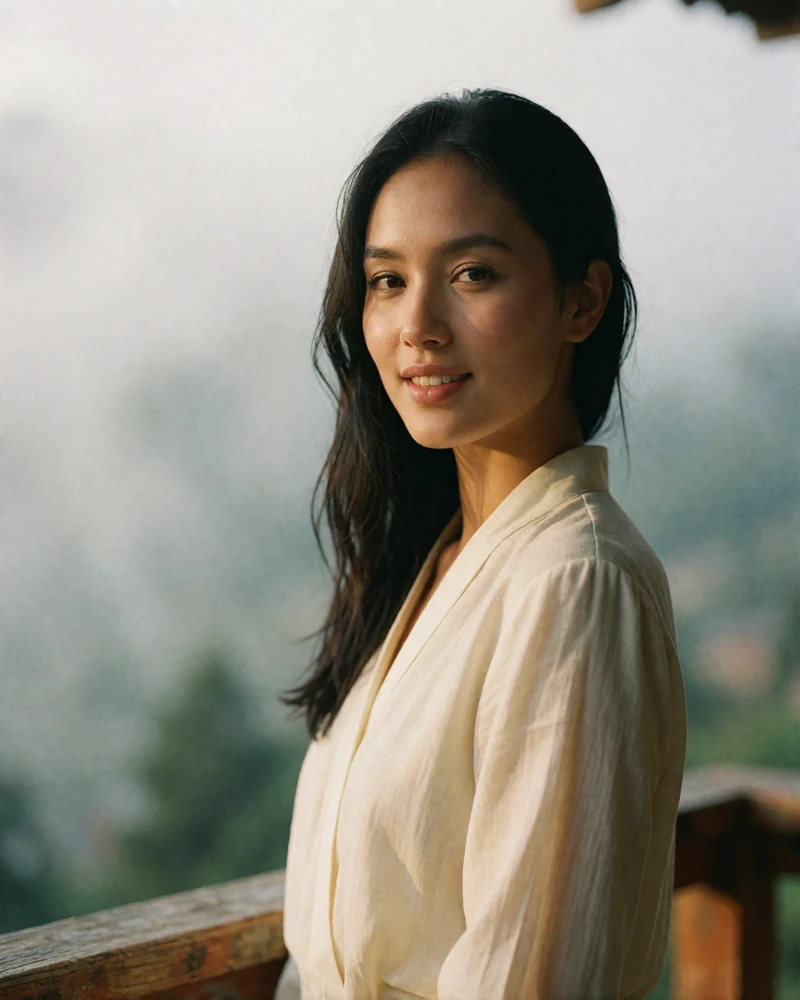 Bhutanese woman on a wooden veranda with a misty valley behind her, an example of a photo-verified Himalayan dating profile
