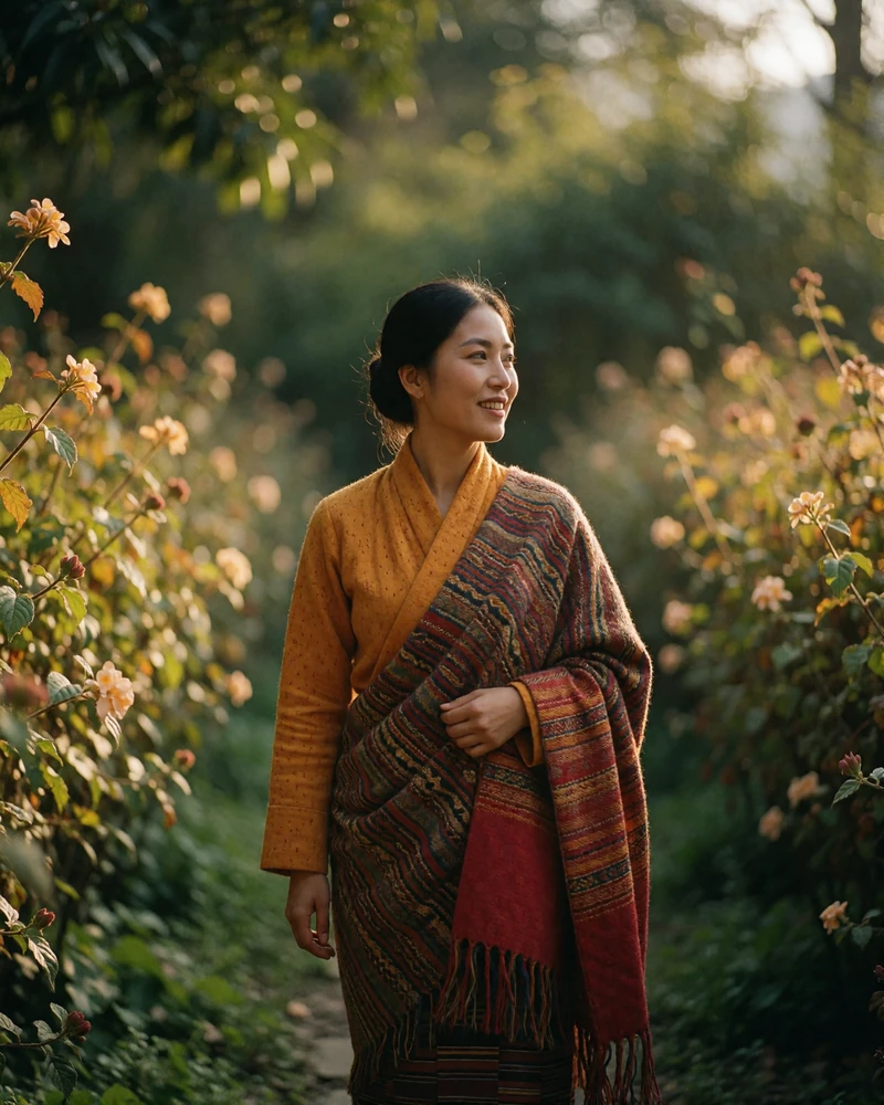Bhutanese woman in a saffron and crimson woven shawl walking through a garden path, candid Himalayan dating profile photography