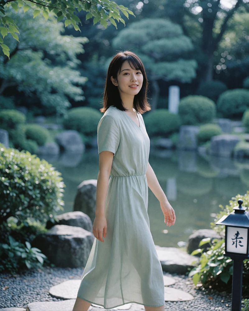 Japanese woman in a soft sage dress walking along a stone path in a serene landscaped garden, candid Japanese dating profile photography