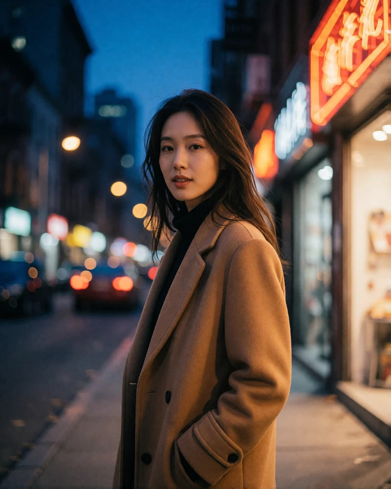 Chinese woman in a camel wool coat standing on a quiet city street at dusk