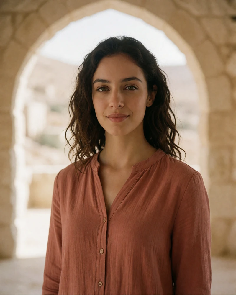 Jordanian woman in a warm terracotta blouse standing beneath a limestone arch in soft daylight, an example of a verified Jordanian dating profile