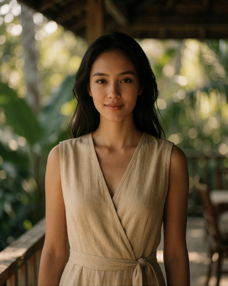 Indonesian woman in a sand-toned linen dress on a shaded veranda, candid Indonesian dating profile photography