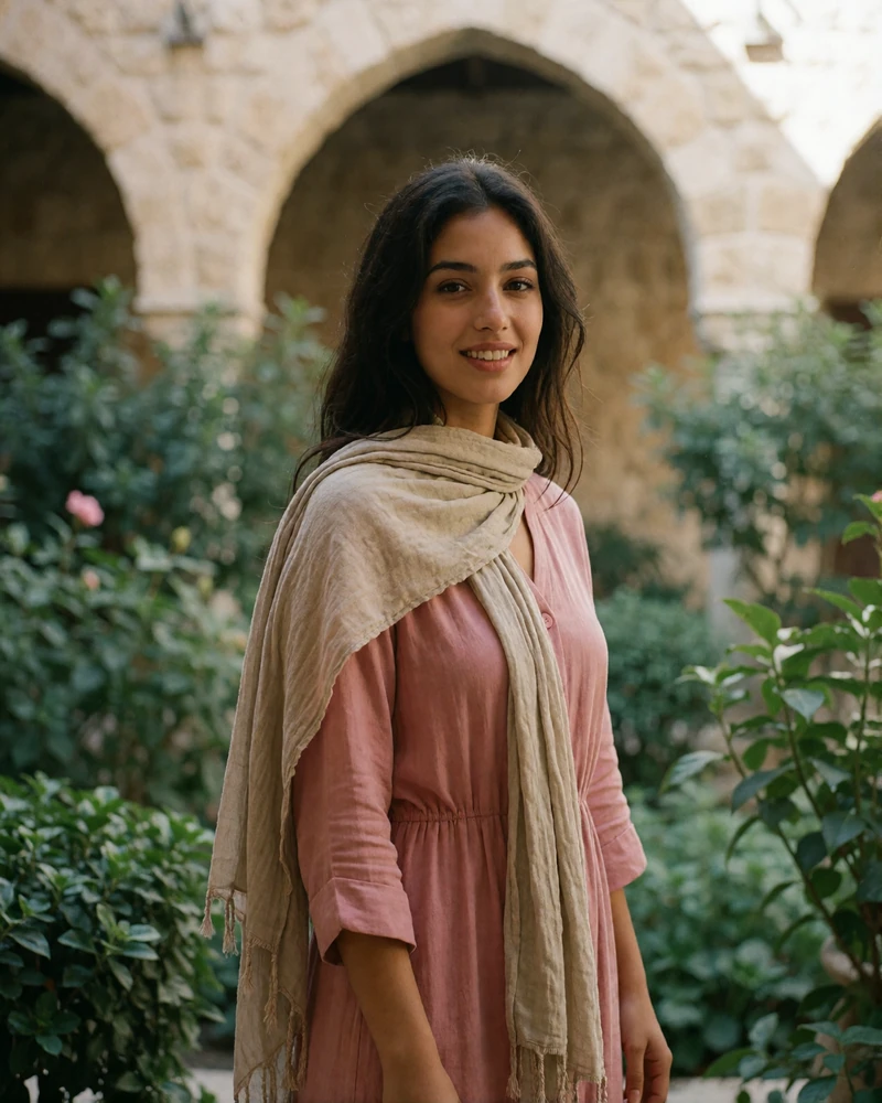 Yemeni woman in a soft rose dress standing in a green courtyard garden framed by stone arches