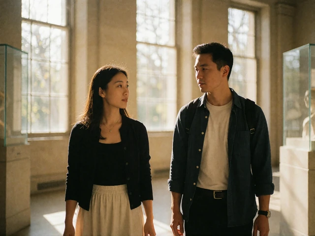 Asian woman and man walking together through a sunlit museum hall in conversation