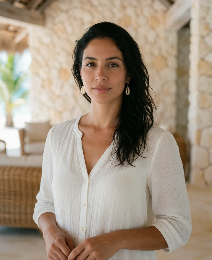 Poised Maldivian woman in a white cotton blouse standing in a sunlit resort lobby, an example of a verified Maldivian dating profile portrait