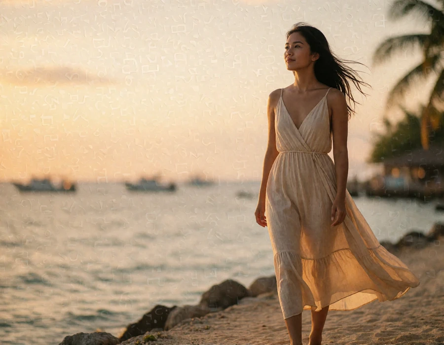 Filipina woman in a flowing sand-colored dress walking along a coastal boardwalk at sunset