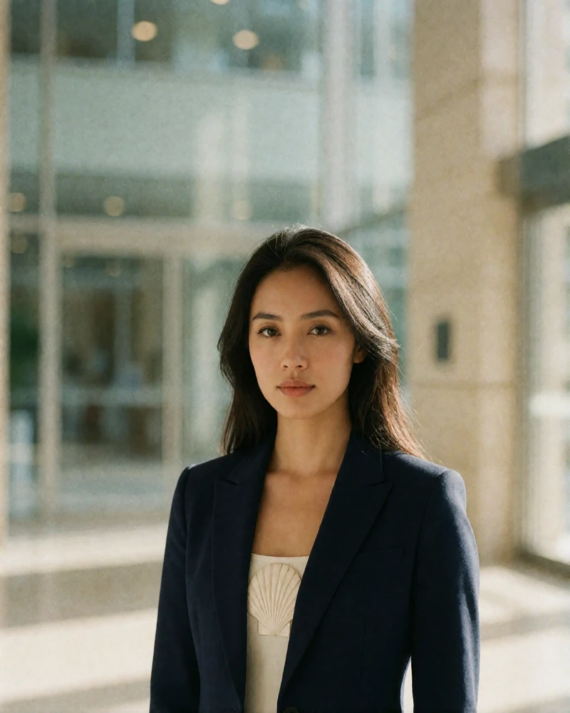 Indonesian woman in a tailored navy blazer in a modern office lobby, professional portrait for an Indonesian dating profile