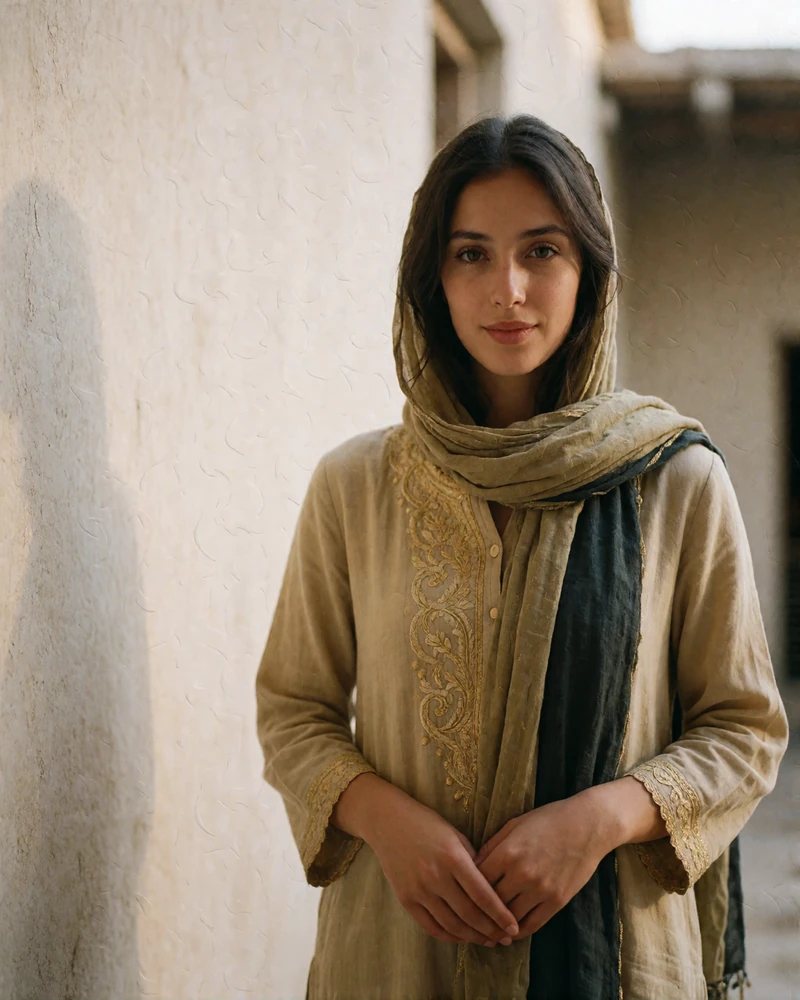Afghan woman in a sand-colored tunic standing in a quiet courtyard, an example of a photo-verified dating profile