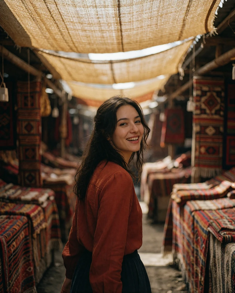 Kyrgyz woman in a rust-colored blouse walking through a covered artisan market lined with woven textiles