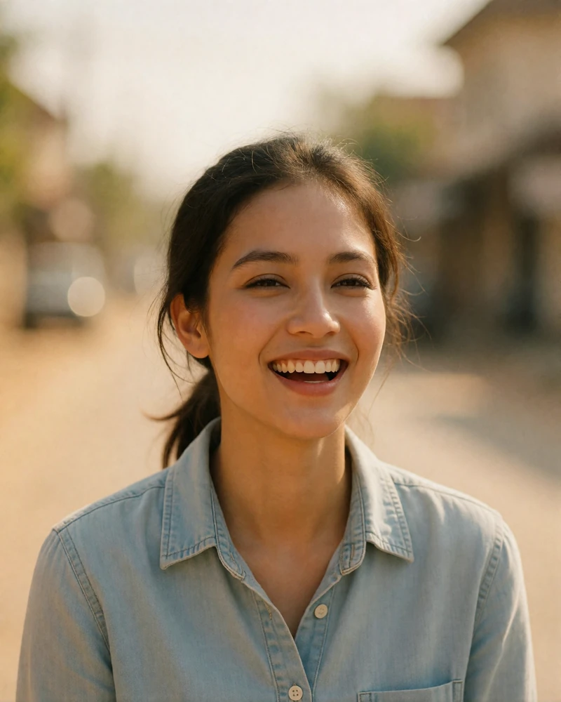 Cambodian woman in a light chambray shirt laughing softly on a sunlit street, candid Khmer dating profile photography