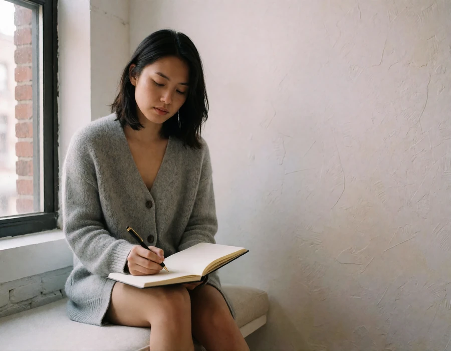 Asian woman in a grey cardigan writing reflectively in a notebook by a window