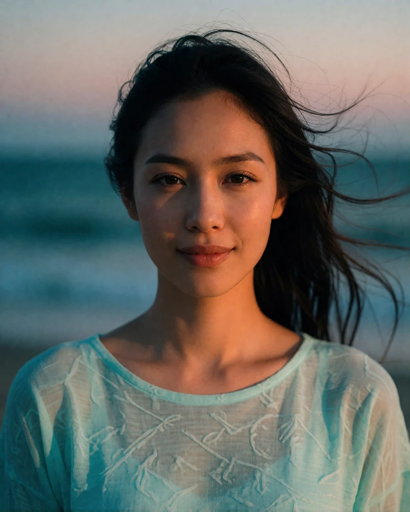 Indonesian woman in a pale turquoise top by the coast at dusk, relaxed portrait for an Indonesian dating profile