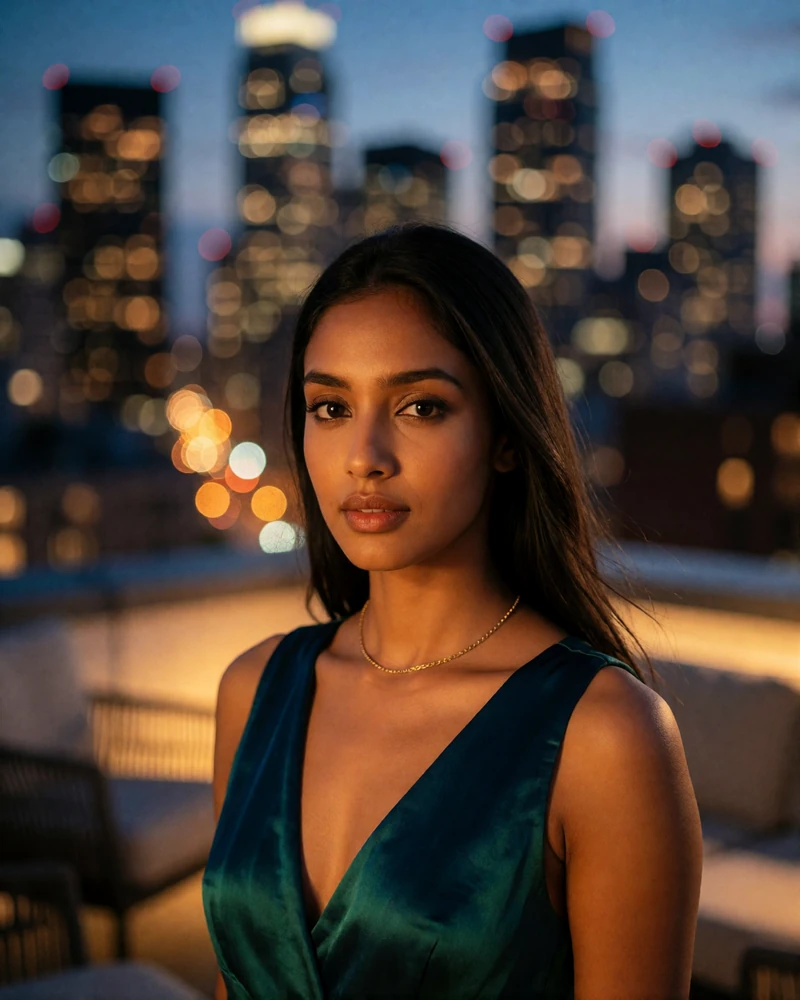 Sri Lankan woman in an emerald evening top on a hotel rooftop lounge at dusk, an example of a verified dating profile photo