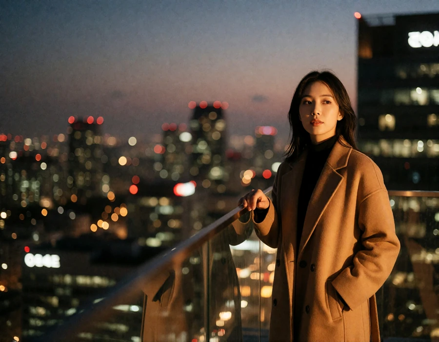 Stylish Korean woman in a camel coat on a rooftop terrace above a city skyline at blue hour, evening lifestyle photography for Korean dating
