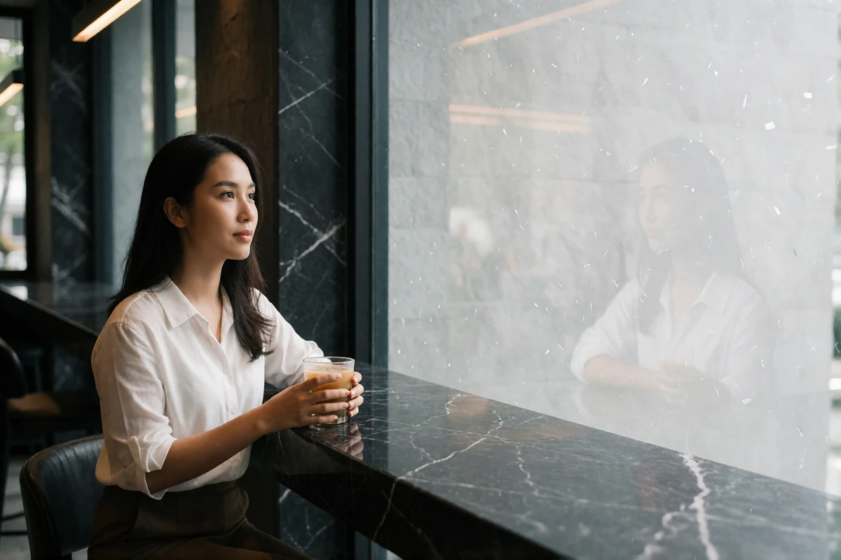 Malaysian woman in a café by a tall window holding a glass cup, illustrating everyday Malaysian dating profile photography