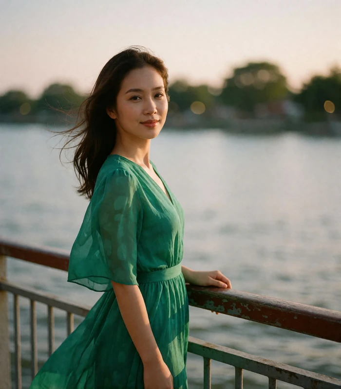 Vietnamese woman in an emerald dress at a riverside railing during golden hour, candid Vietnamese dating profile photography
