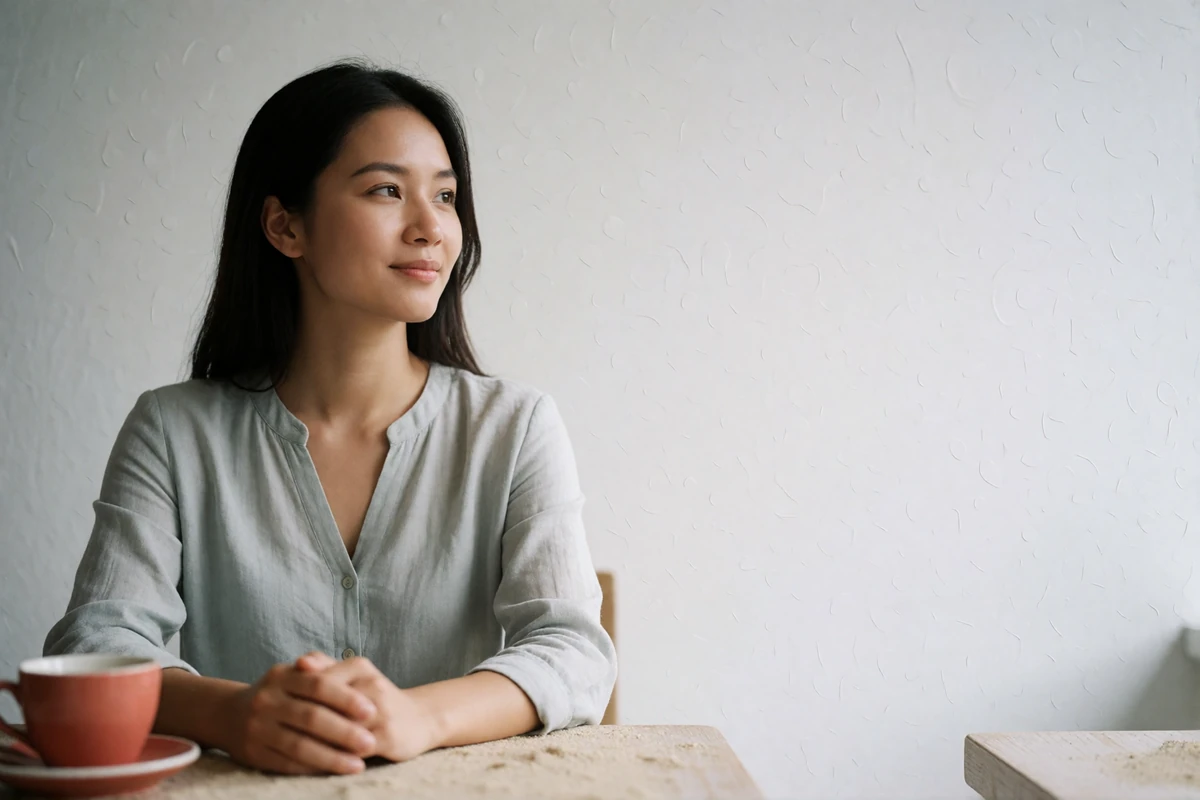 Singaporean woman in a pale grey blouse at a bright minimalist cafe table, illustrating everyday Singaporean dating profile photography