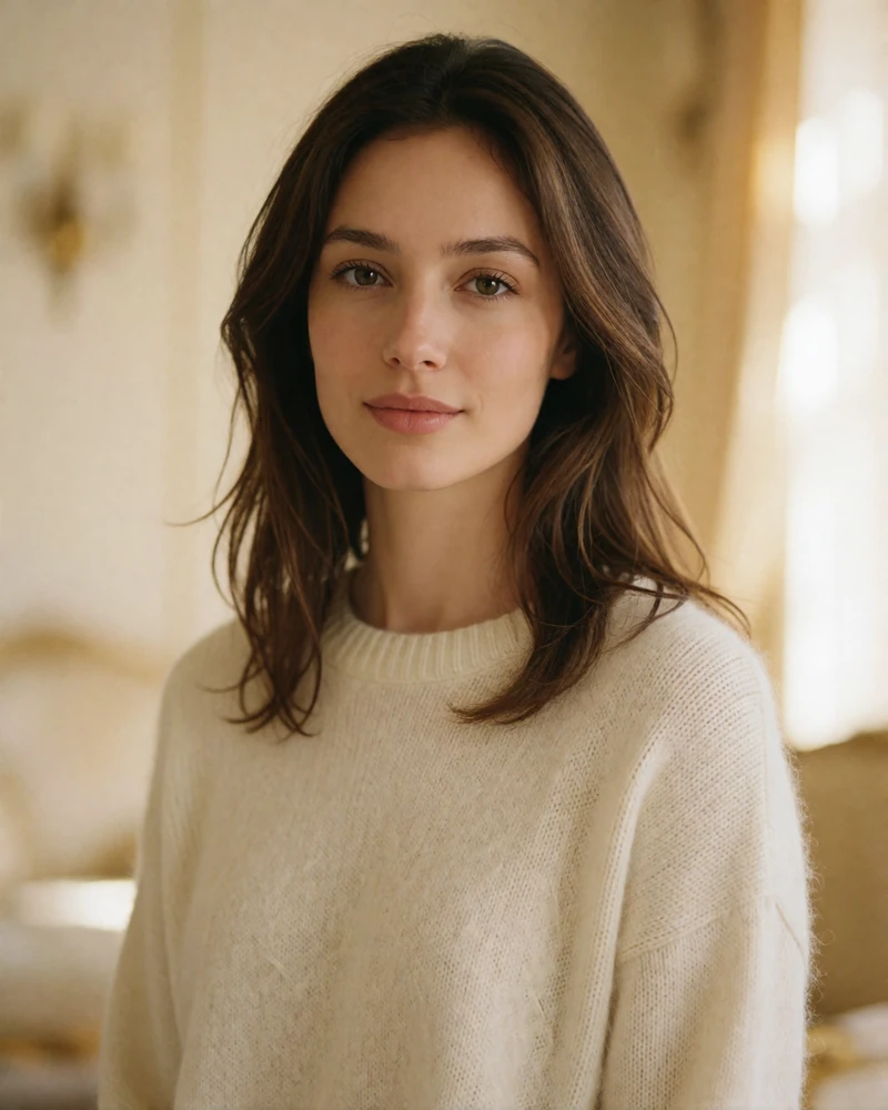 Uzbek woman in an ivory knit sweater in a softly lit portrait for Uzbek dating